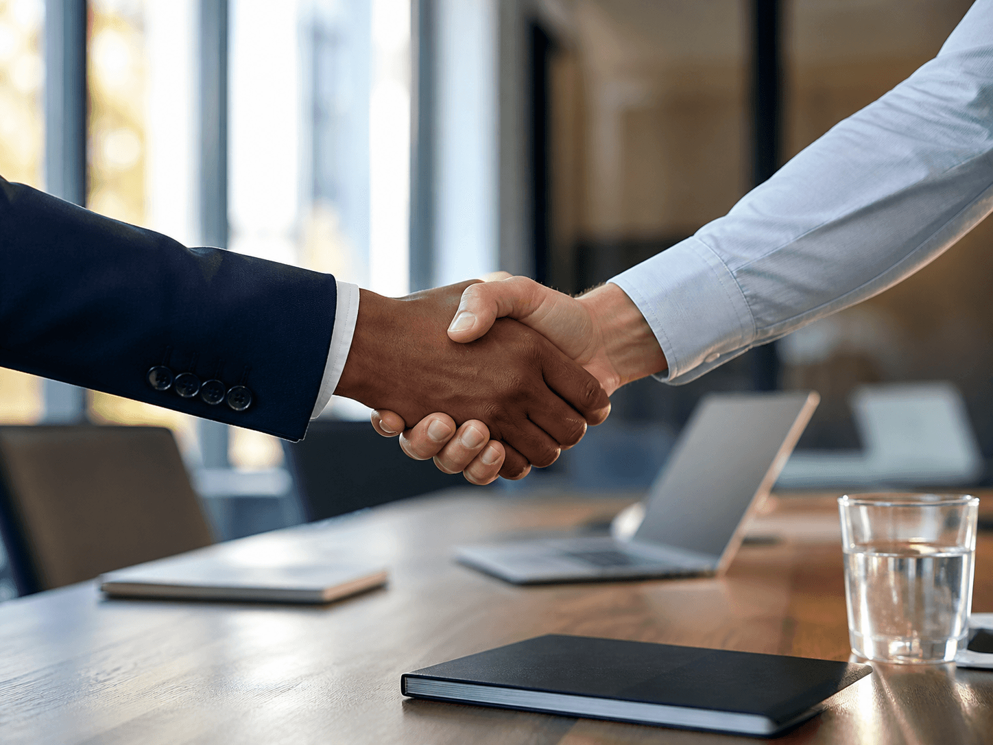 Business professionals shaking hands after reaching an agreement