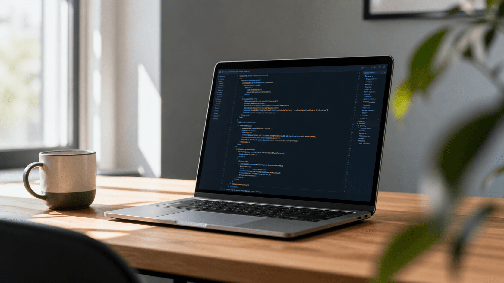Laptop on a wooden desk displaying code in a focused developer workspace