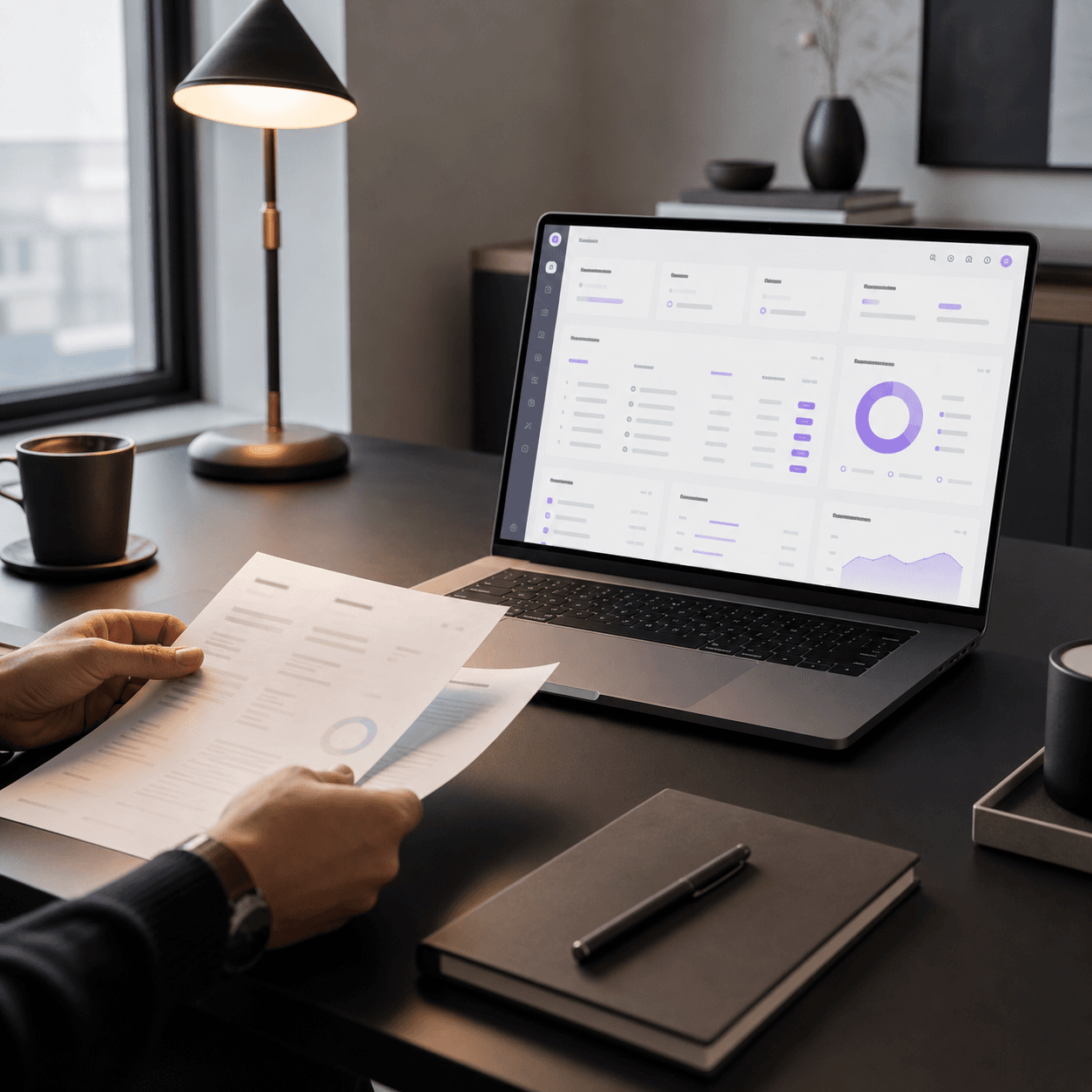 Hands reviewing organized documents and invoices on a desk
