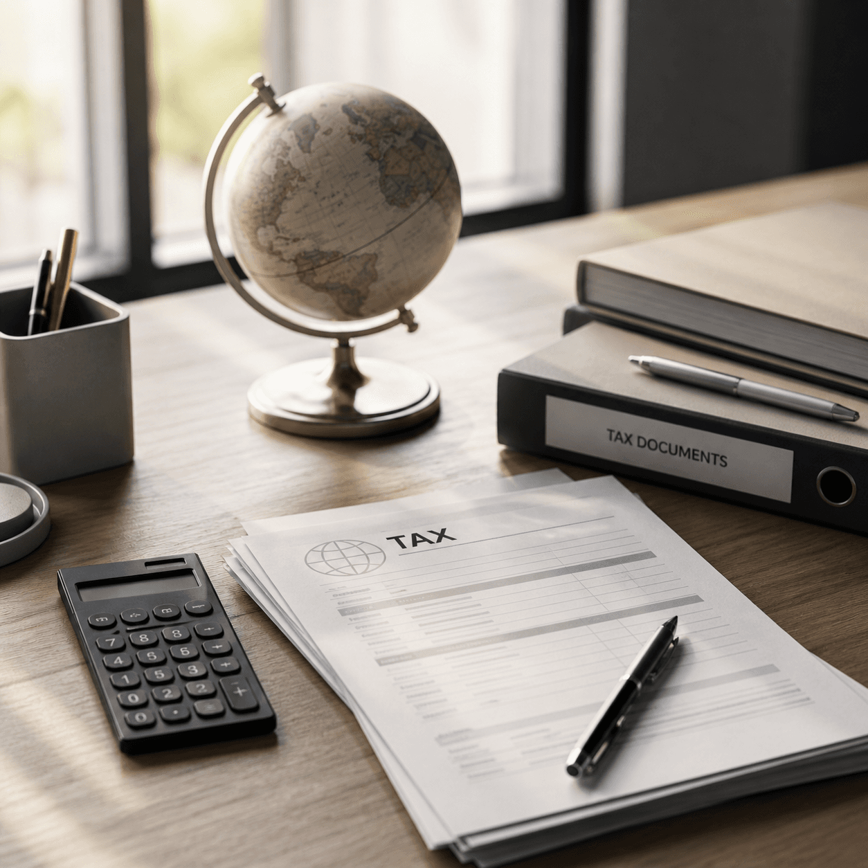Desk with calculator, folders, and paperwork suggesting tax and finance planning