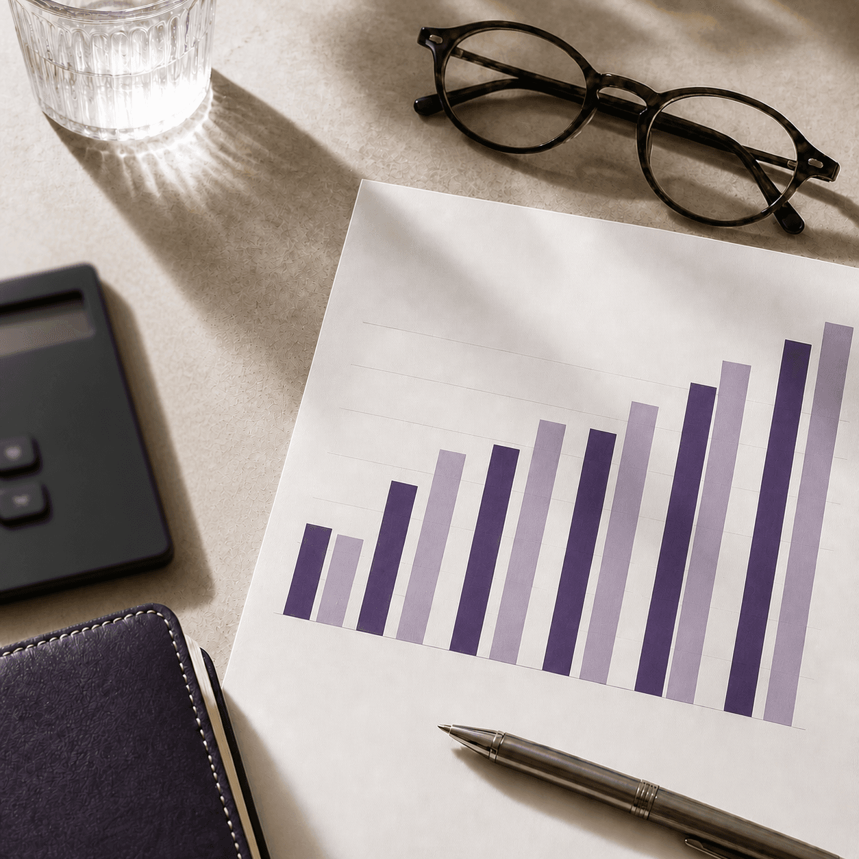 Desk with calculator, charts, and documents suggesting recurring billing and finance planning