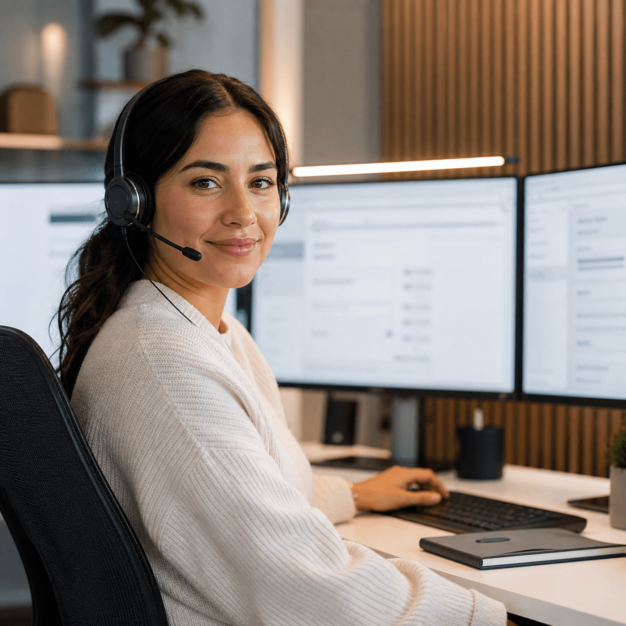 Customer support professional wearing a headset while using a computer