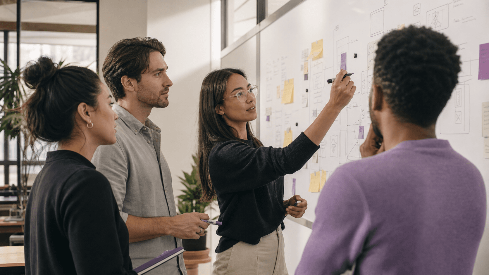 Team planning product and billing at a whiteboard